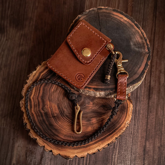 Caramel brown leather EDC wallet on hand braided chocolate brown paracord lanyard