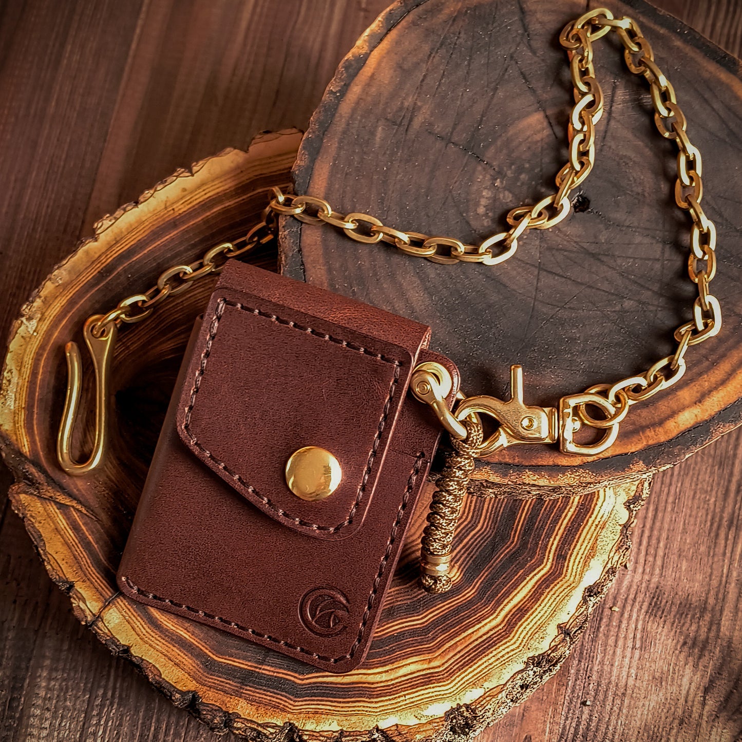 Chocolate brown waxy leather compact EDC wallet on fully solid brass keychain