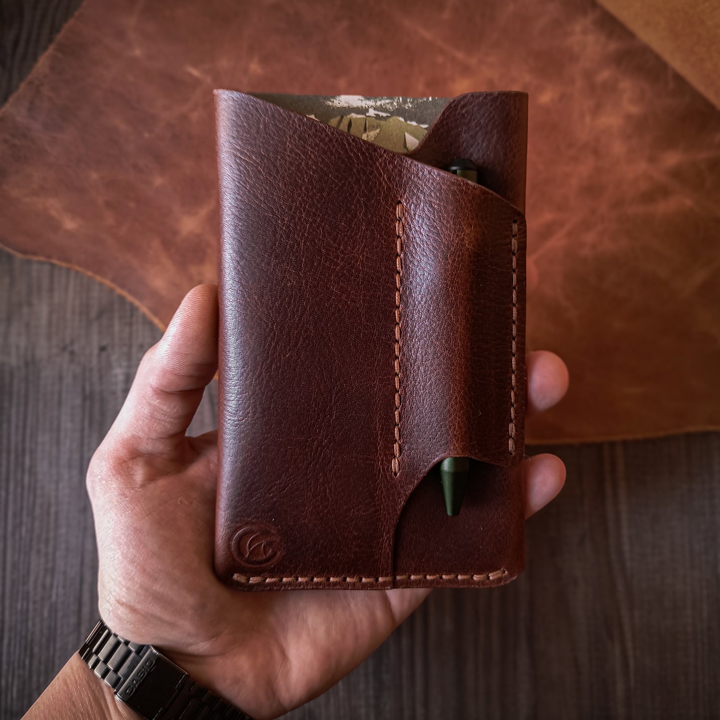 Field Journal sleeve with pen holder - Cognac brown Missouri leather