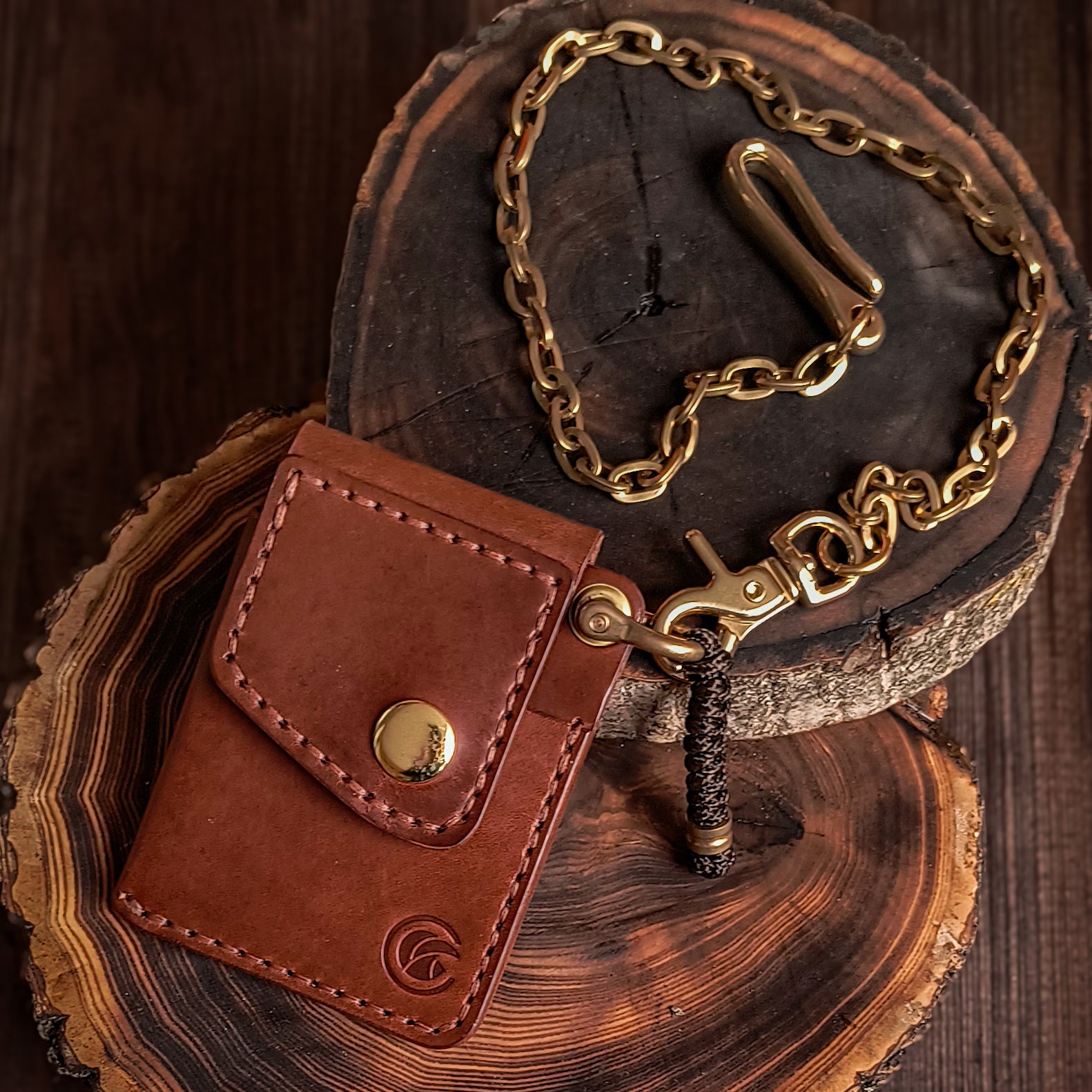 Handmade caramel brown waxy leather wallet with biker solid brass chain 