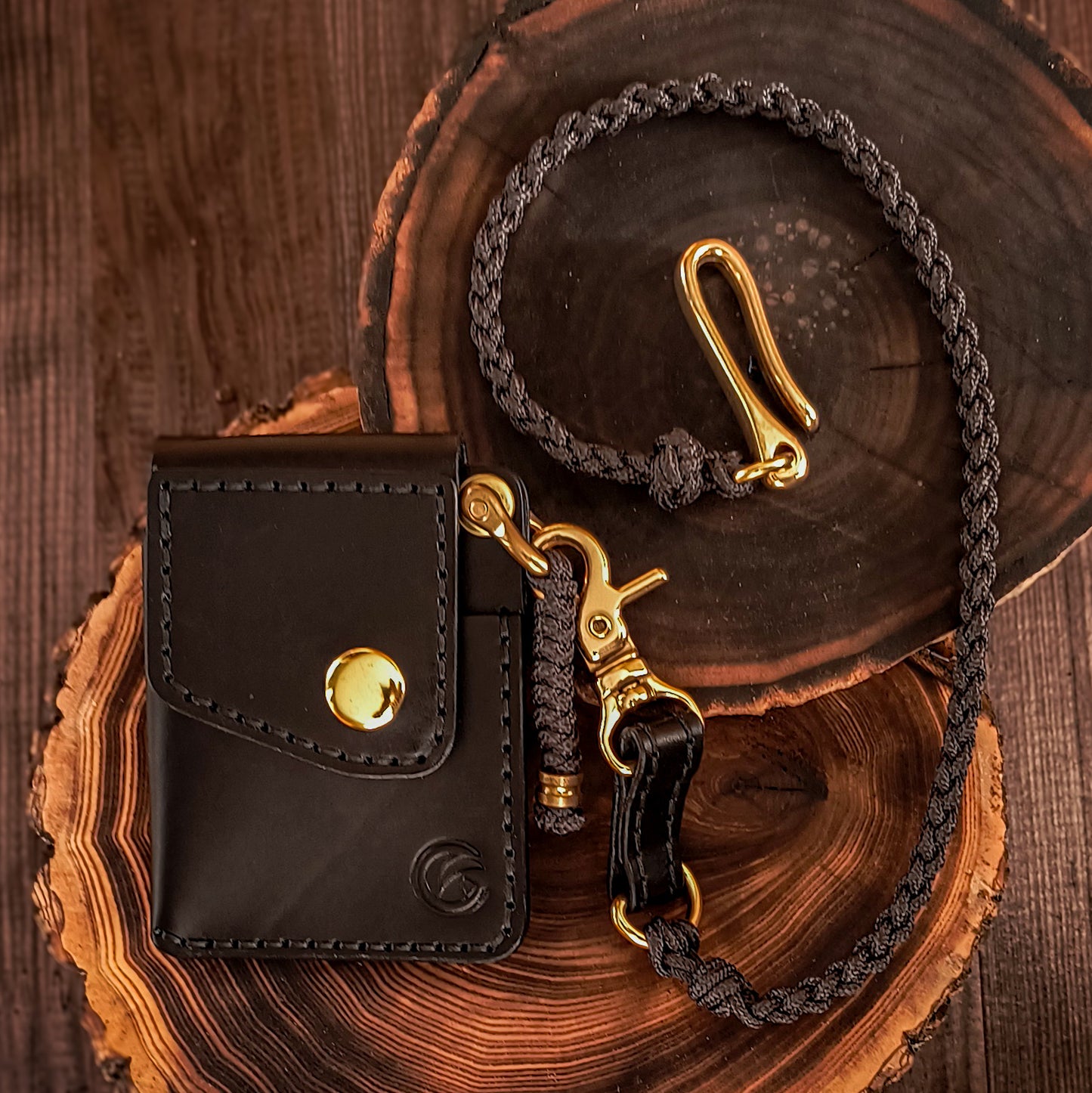 Biker's black leather wallet on fully hand braided black paracord chain 