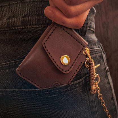 Compact chocolate brown leather front pocket wallet on fully solid brass biker chain with brass carabiner 