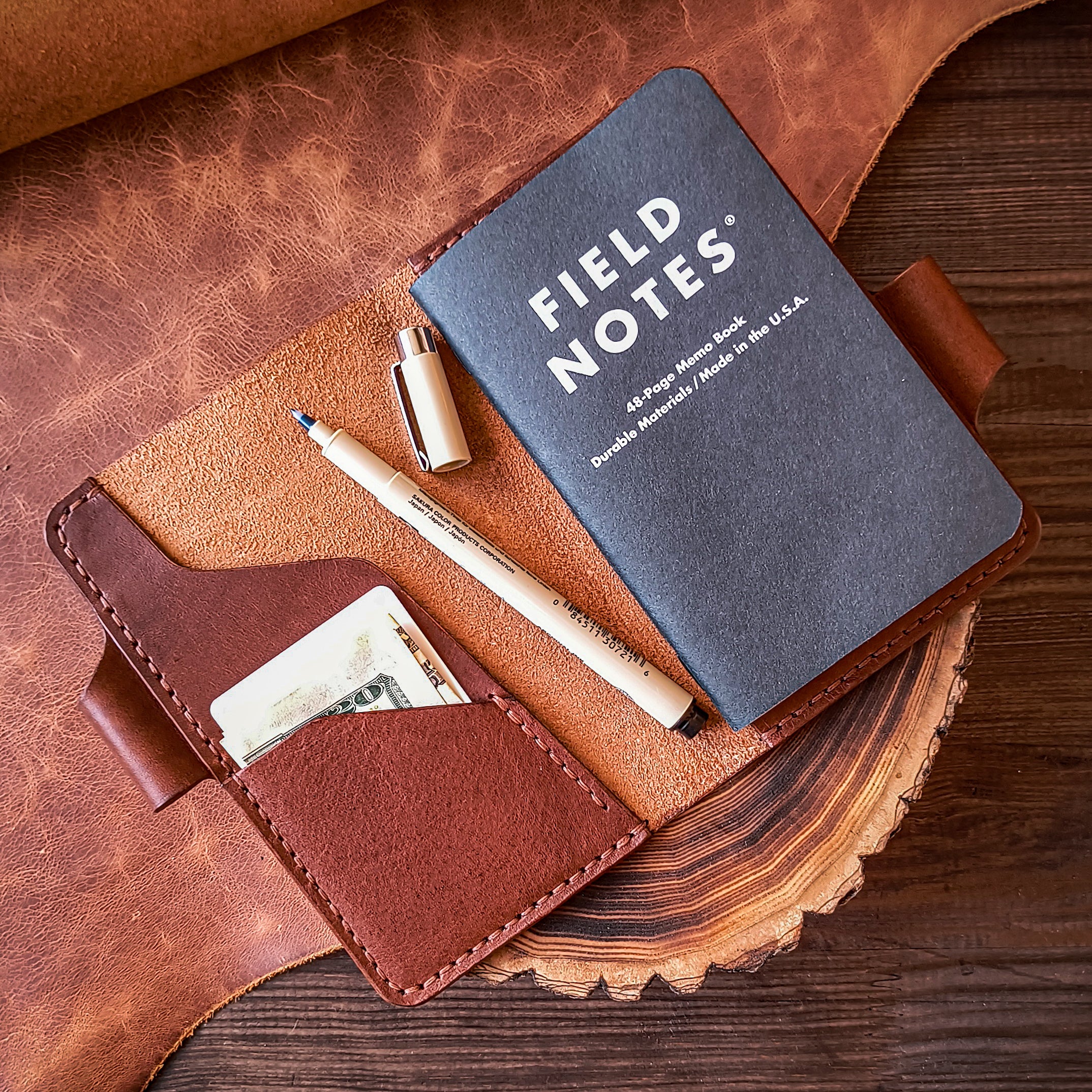 Handmade leather Field Notes pocket journal wallet with pen loop