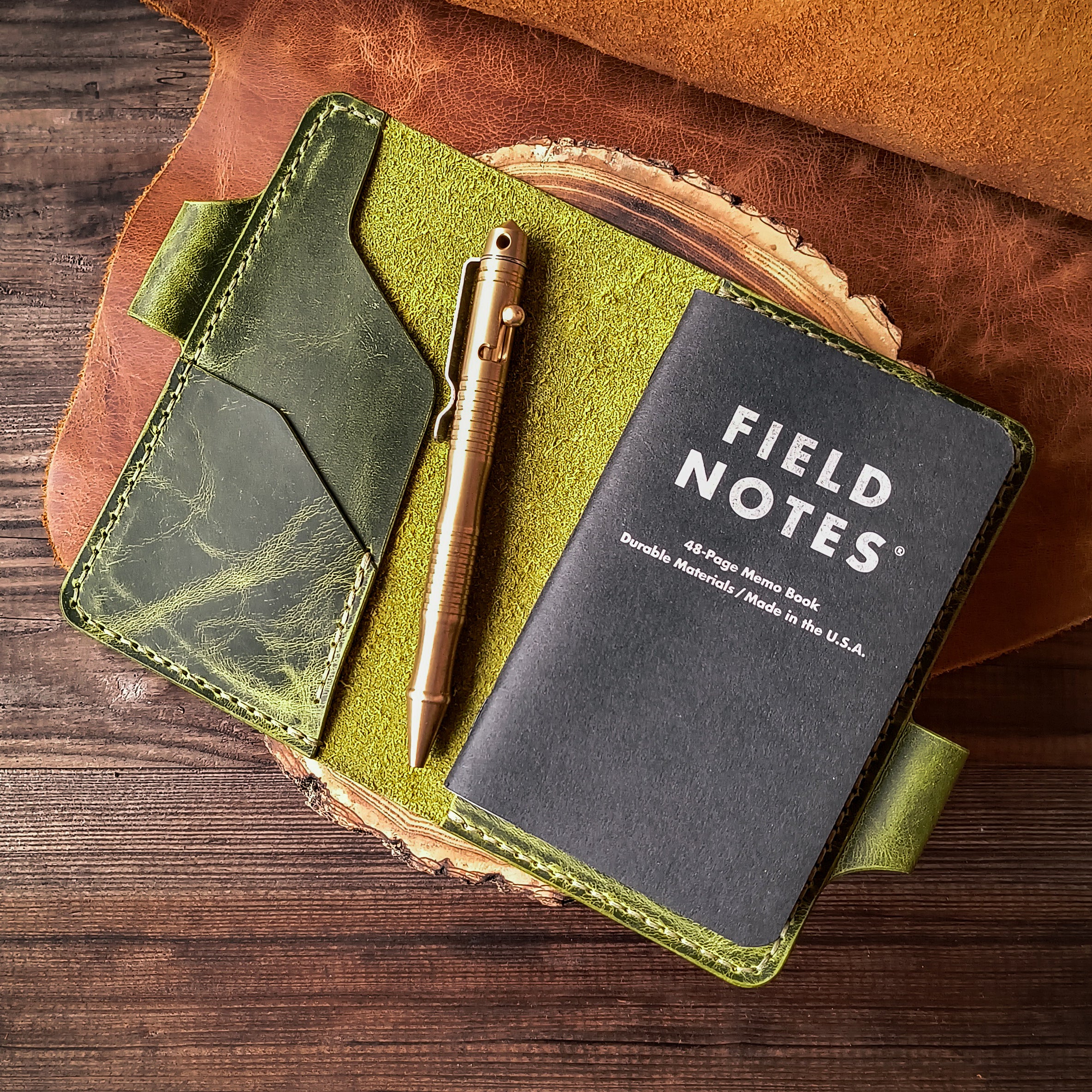 Handmade leather Field Notes pocket journal wallet with pen loop