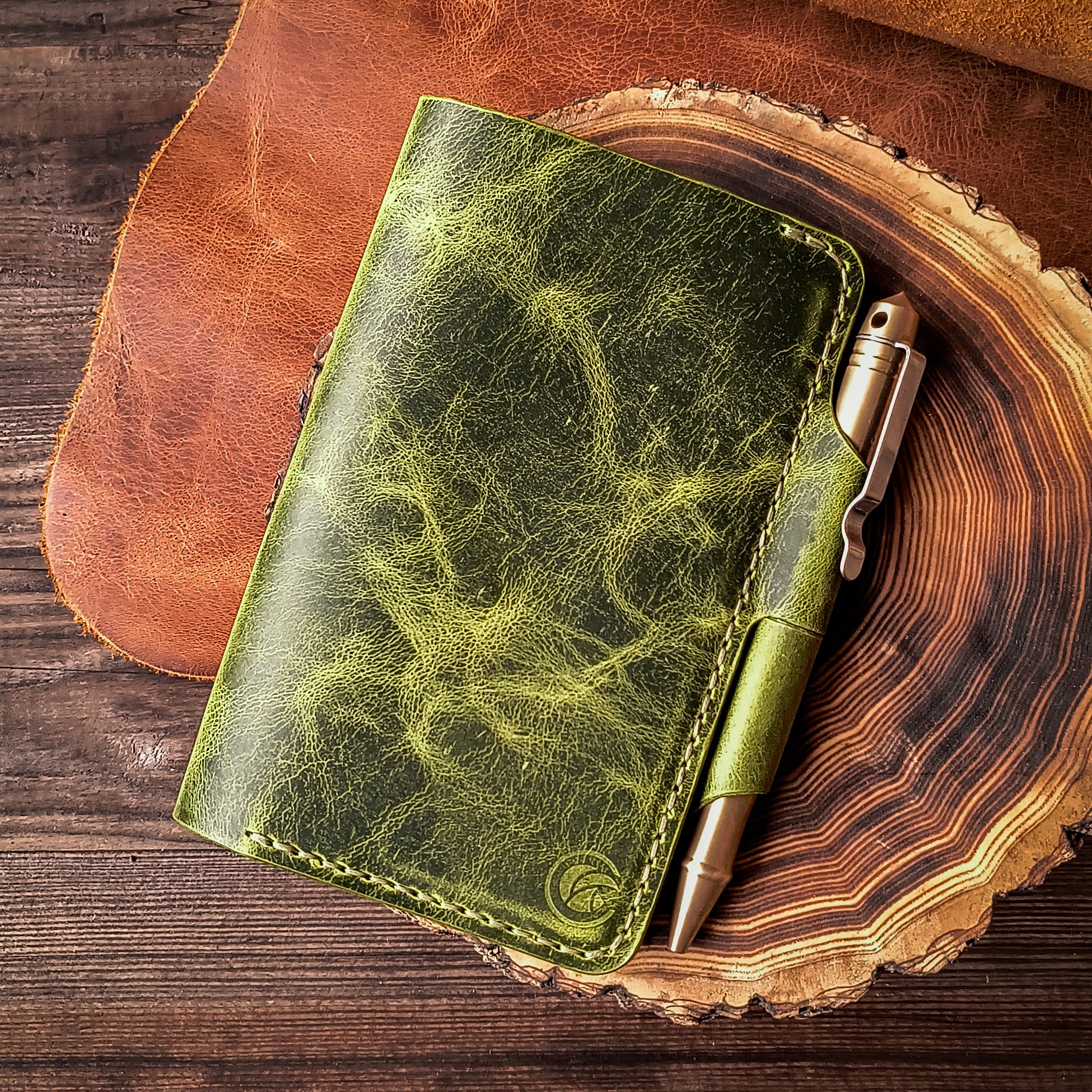 Handmade leather Field Notes pocket journal wallet with pen loop