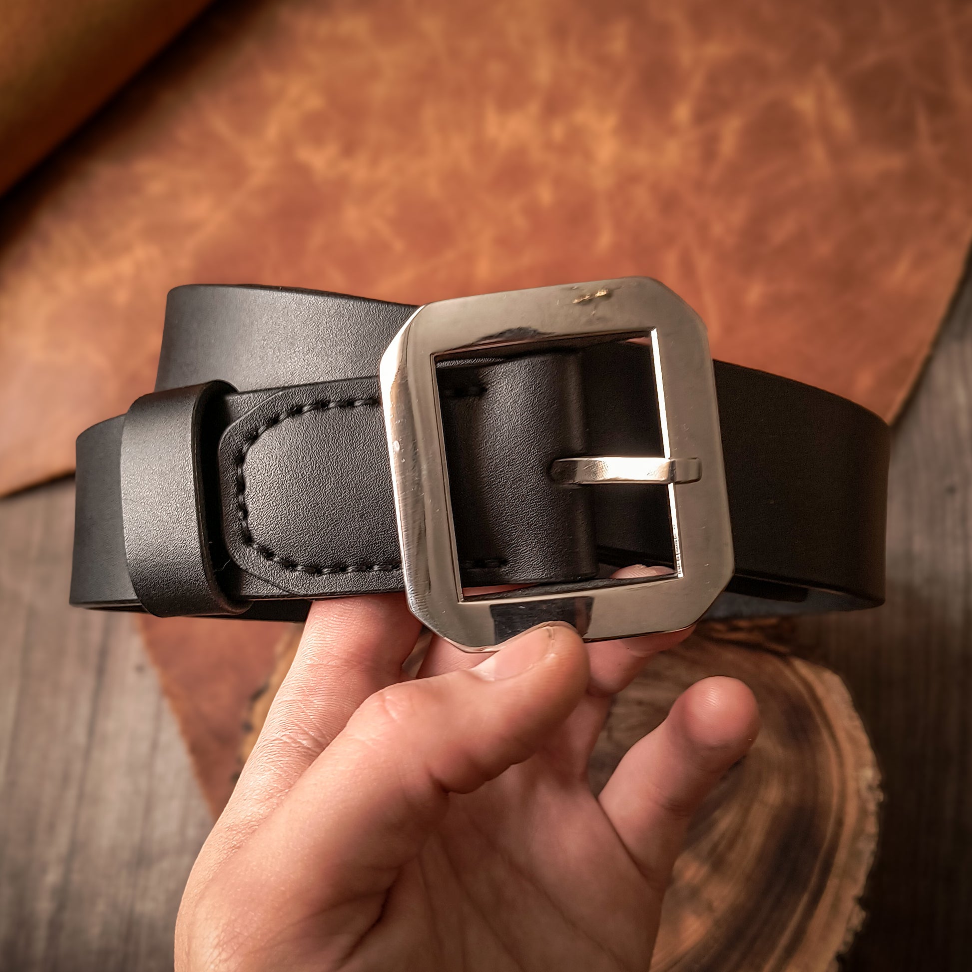 Handmade black smooth leather belt with heavy stainless steel frame buckle - Men's heritage style belt 