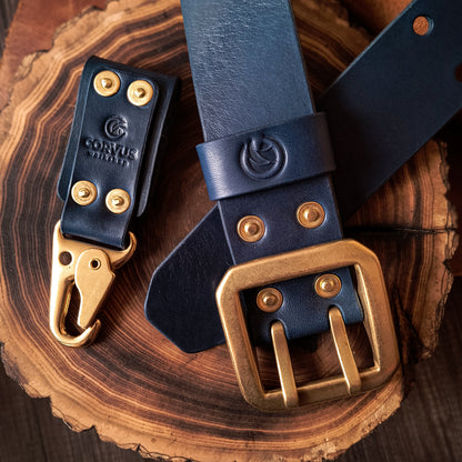 Navy blue leather belt with key holder