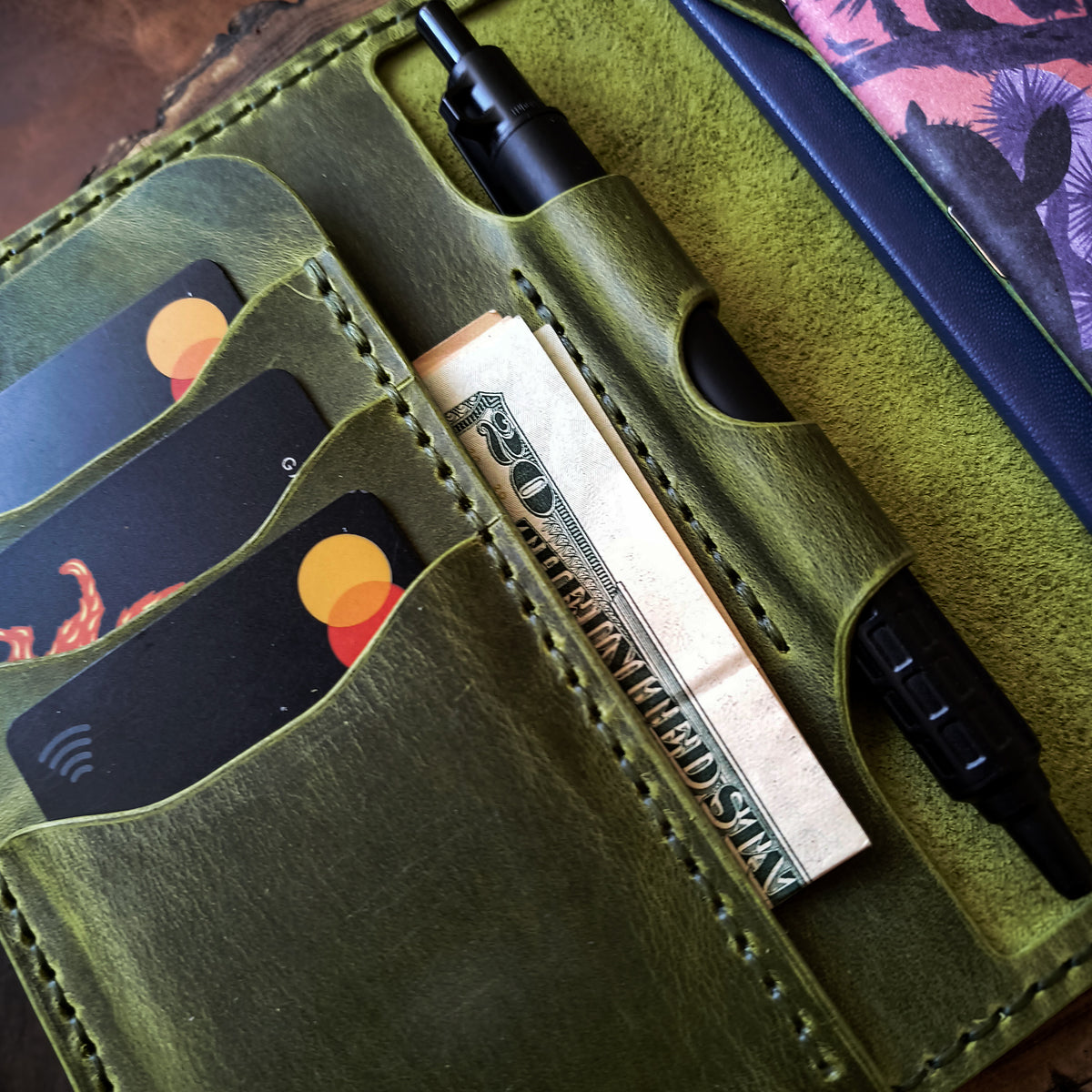 Pistachio green leather Field Notes wallet with pen loop 