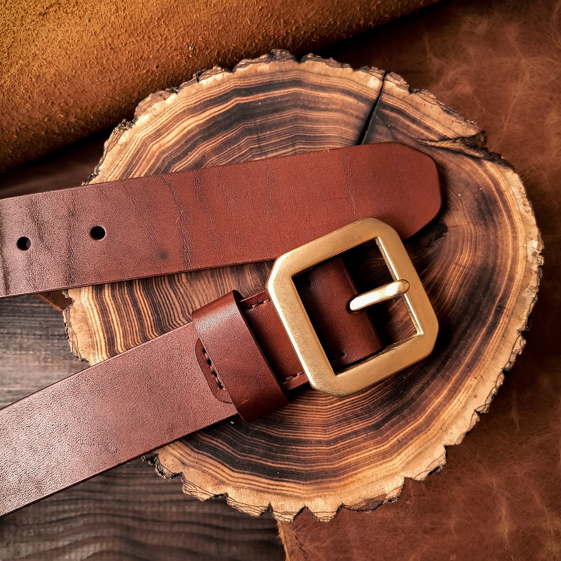 Handmade cognac brown durable thick leather belt with large solid brass frame buckle