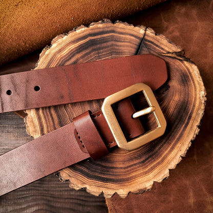 Handmade cognac brown durable thick leather belt with large solid brass frame buckle