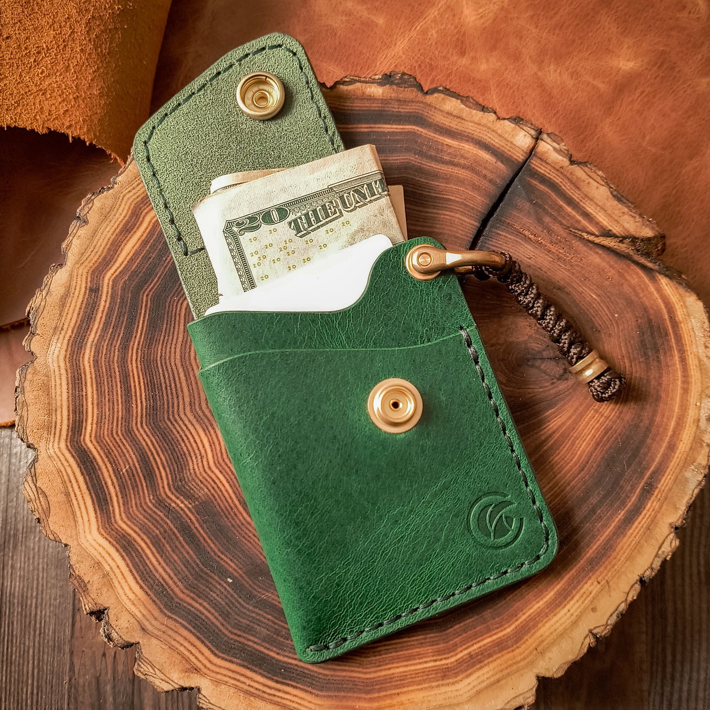 EDC wallet for cards and cash in deep green colour 