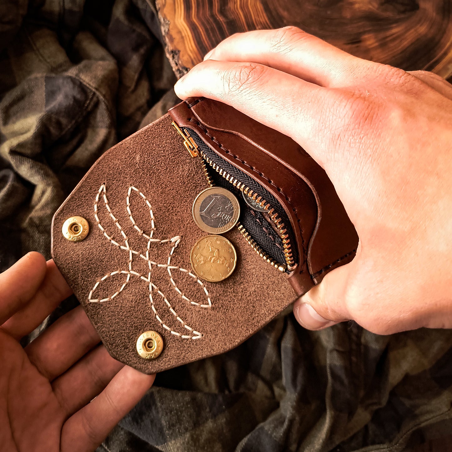 Brown leather front pocket traditional wallet with coin purse on zipper 