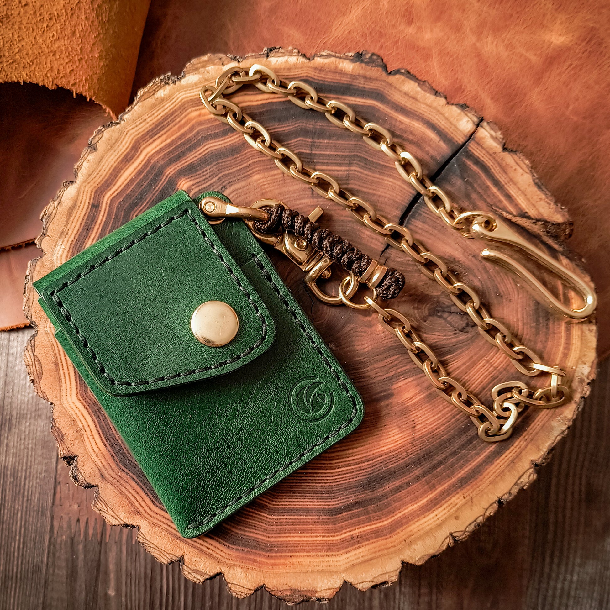 Green leather wallet with handmade fully solid brass chain