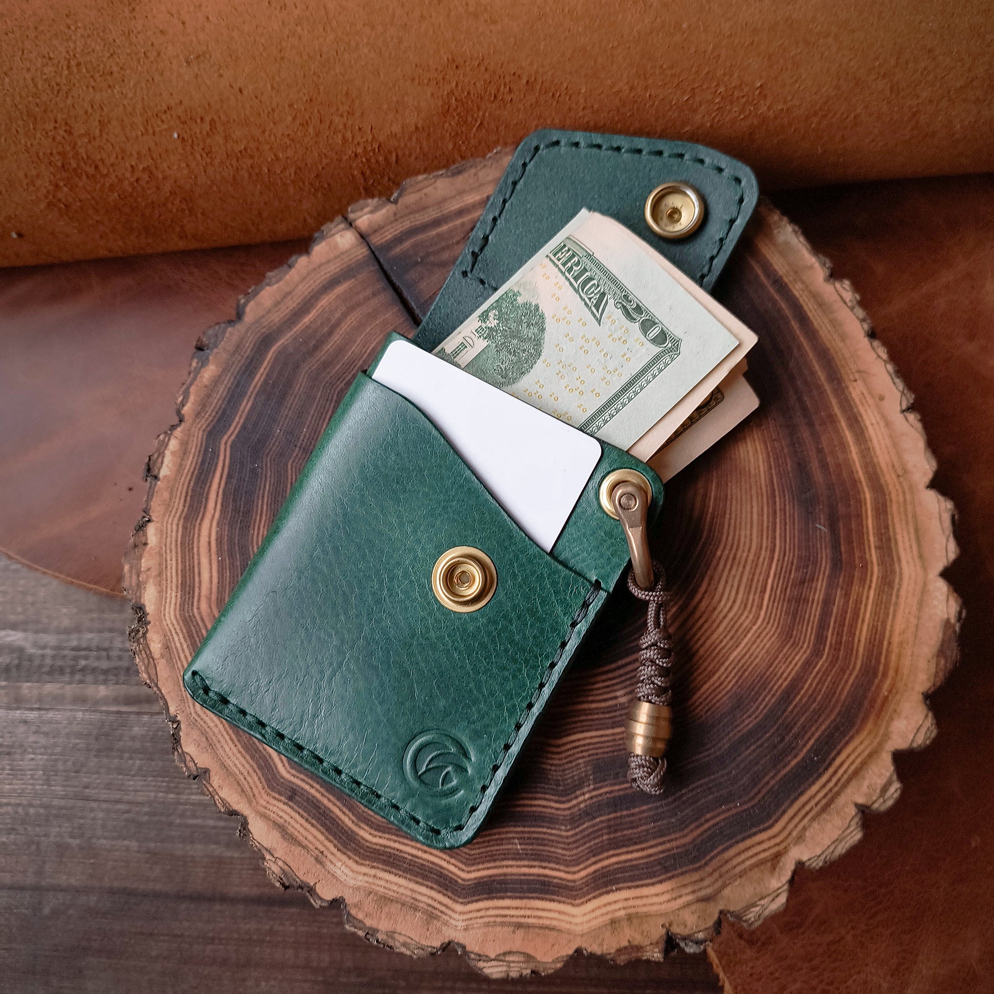 Minimalist design wallet for cards and cash - High quality emerald green textured leather wallet with solid brass hardware 