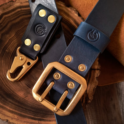 Navy blue leather belt with key holder