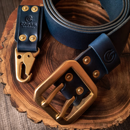 Navy blue leather belt with key holder