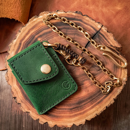 Deep green waxy leather wallet with solid brass chain