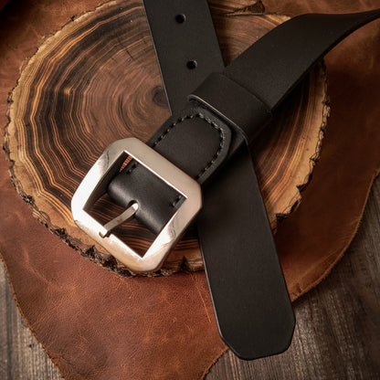 Black thick leather belt with smooth texture - Workwear belt with stainless steel buckle 
