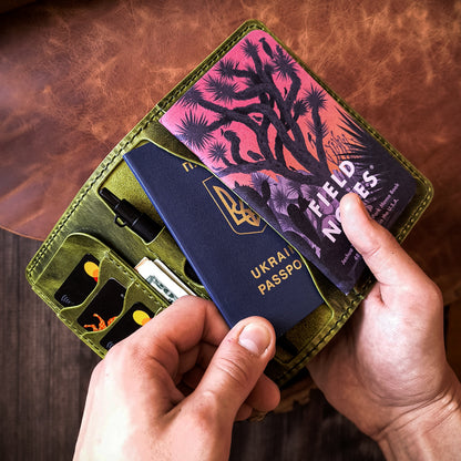 Handmade green leather wallet with passport and Field Notes slots
