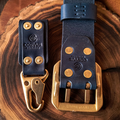 Navy blue leather belt with key holder