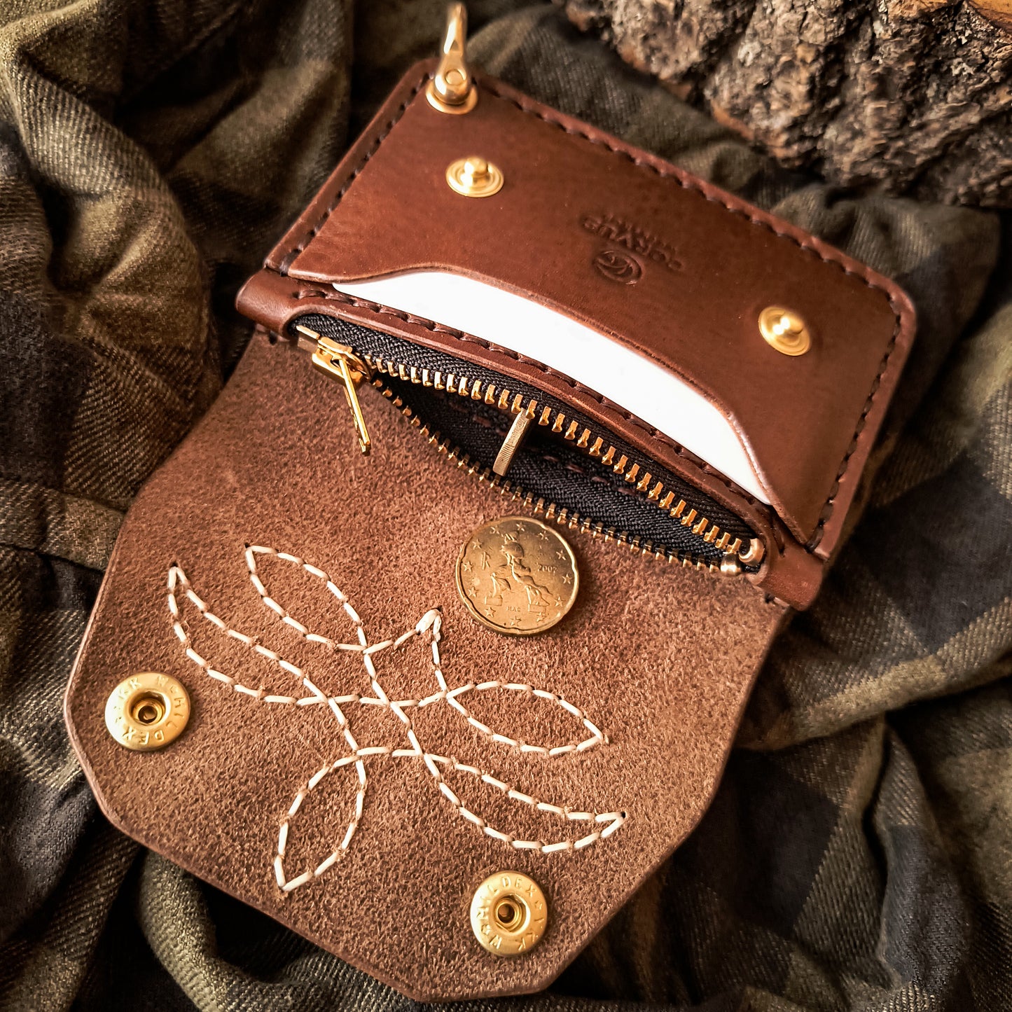 Compact handmade leather trucker wallet with coin slot on zipper 