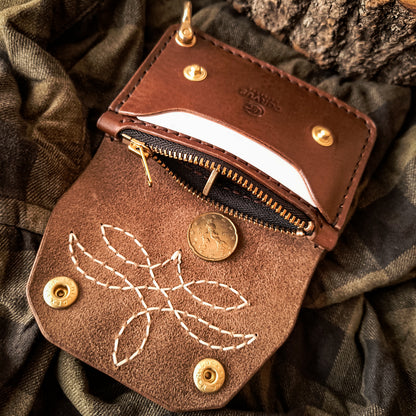 Compact handmade leather trucker wallet with coin slot on zipper 