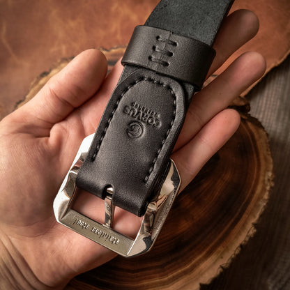 High quality materials handmade black leather belt with stainless steel hardware 
