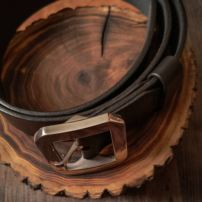 Fully handmade black leather belt with large and heavy stainless steel frame buckle 