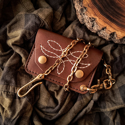 Compact handmade trucker wallet in brown color leather and solid brass keychain and hardware 