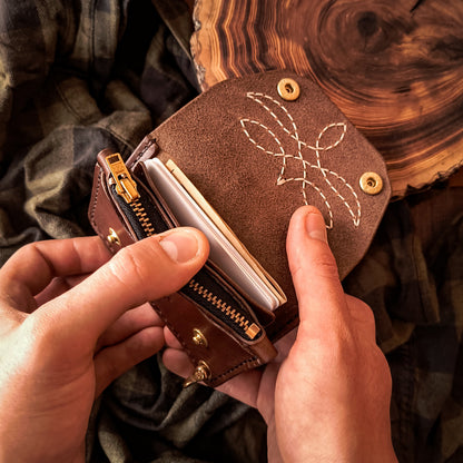 Small leather biker wallet with card and cash slots and solid brass hardware 