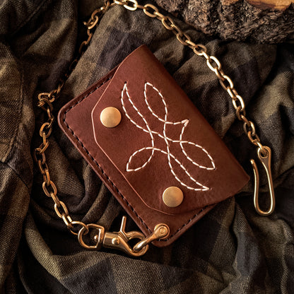 Smallest handmade brown leather trucker wallet with decorative hand-stitched pattern and solid brass chain 