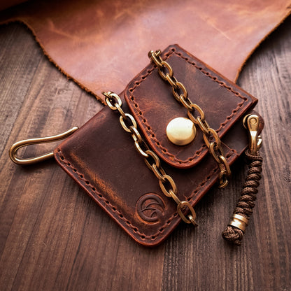 Slim leather wallet with vintage texture and solid brass chain 